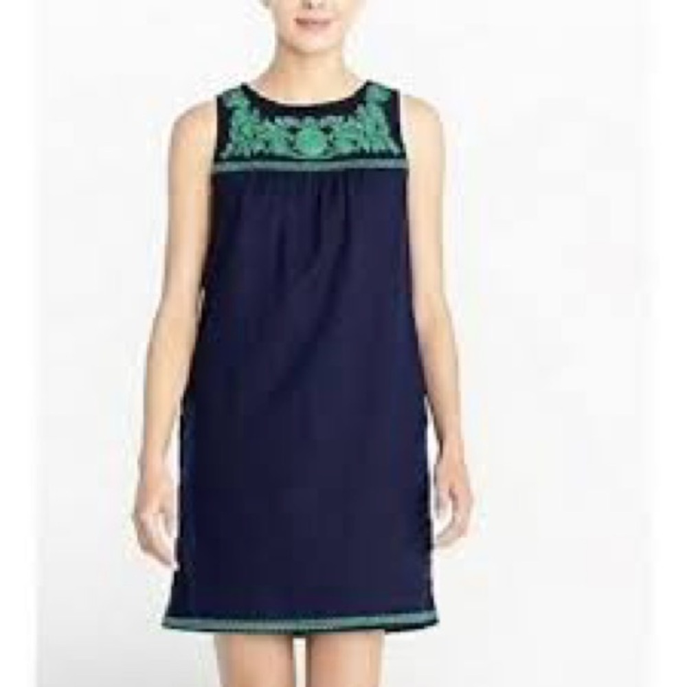 J Crew Factory Navy Blue Linen Floral Green Embroidery Sleeveless Shift Dress